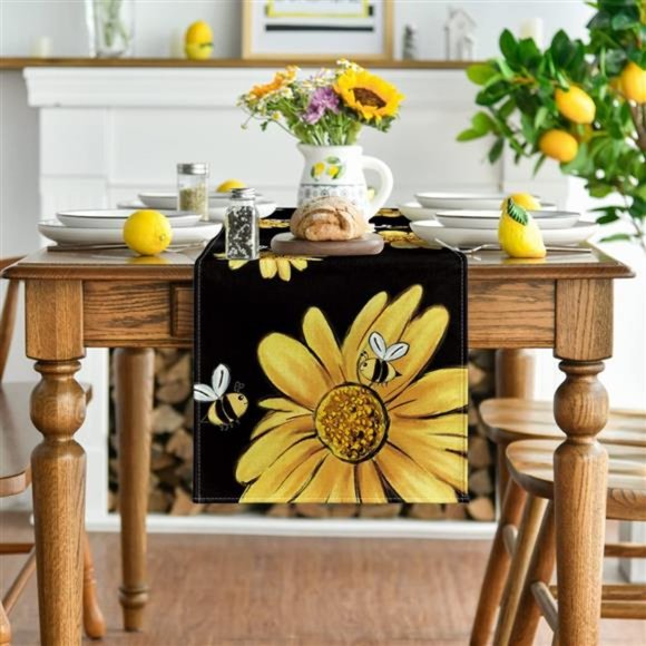 Bee Sunflower Table Runner Black, Home Decor 13 x 72"  Black - Picture 1 of 6